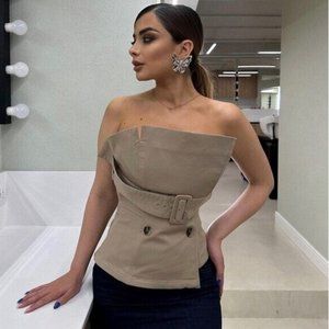 ZARA STRAPLESS BELTED GABARDINE BUSTIER TOP CHEST BELT WHISKEY S,M NWT